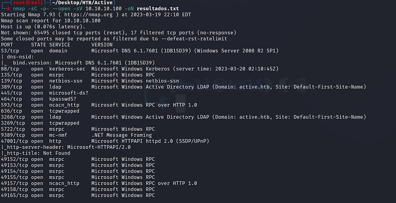 Figure 1. Full nmap scan exposing the typical Active Directory / domain controller service set.