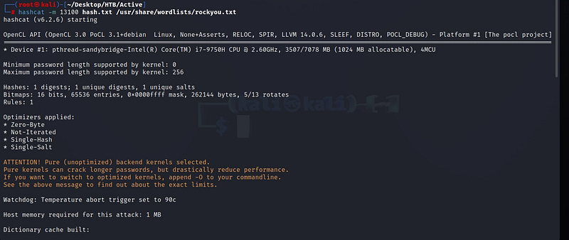 Figure 16. Launching Hashcat against the Administrator’s TGS hash (mode 13100).