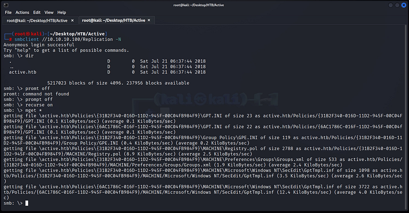 Figure 4. Recursively downloading the entire active.htb directory with mget.