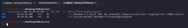 Figure 8. CrackMapExec confirms the SVC_TGS credentials are valid, but without administrative rights.