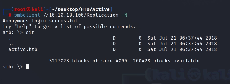 Figure 3. Accessing the Replication share anonymously through a null session.