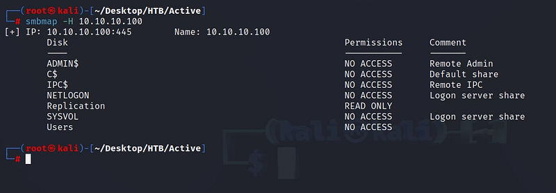 Figure 2. smbmap enumerating the available SMB shares and our access rights.