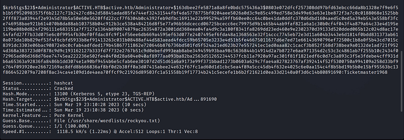 Figure 17. Hashcat successfully recovers the Administrator’s cleartext password.