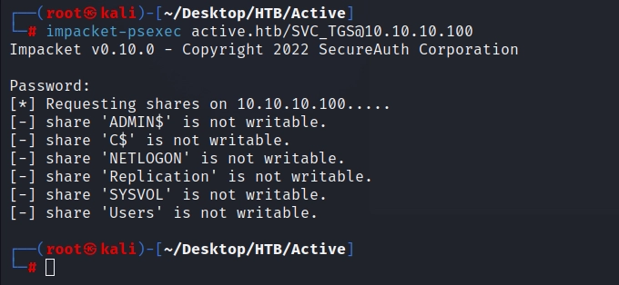 Figure 9. psexec fails: SVC_TGS lacks the privileges needed for code execution.