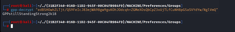 Figure 7. gpp-decrypt recovering the cleartext password for SVC_TGS.