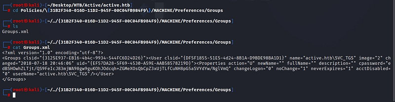 Figure 6. The Groups.xml file exposing the encrypted cpassword for SVC_TGS.