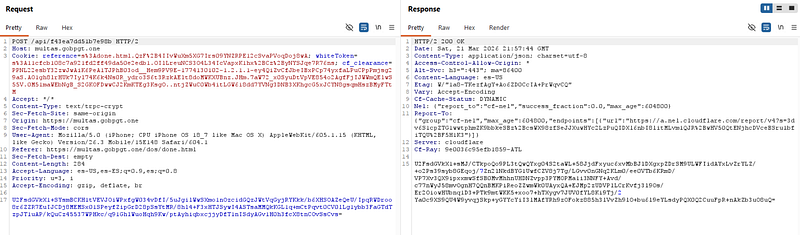 Burp Suite mostrando los requests/response con bodies cifrados
