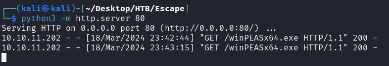 Figure 17. Serving our tooling from Kali over HTTP.