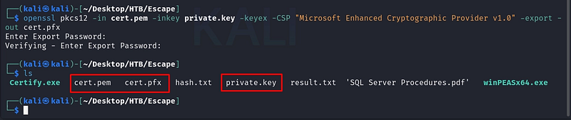 Figure 25. Converting the certificate and key into a PFX with OpenSSL.