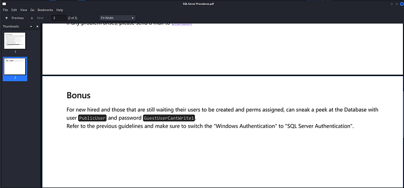 Figure 5. The PDF leaks guest MSSQL credentials and connection instructions.