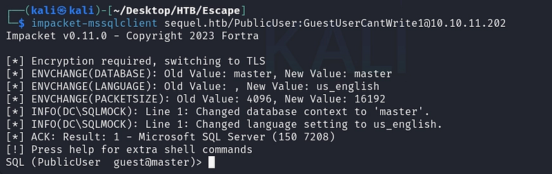 Figure 6. Authenticating to MSSQL as the low-privileged PublicUser.