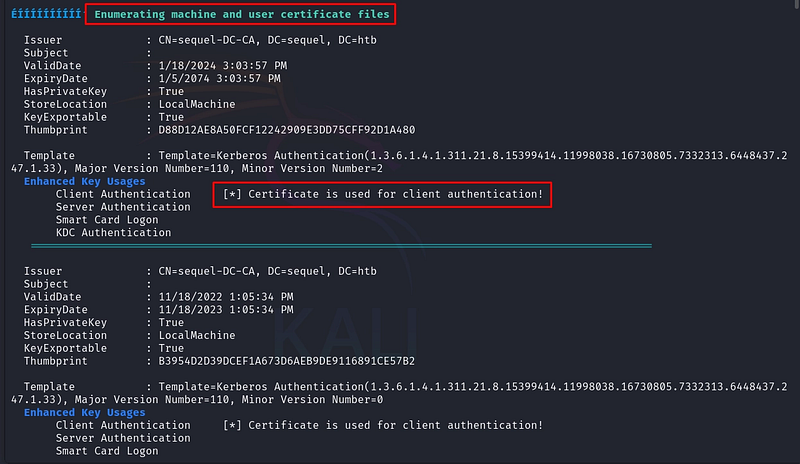 Figure 19. Running winPEAS to enumerate misconfigurations: AD CS is present.