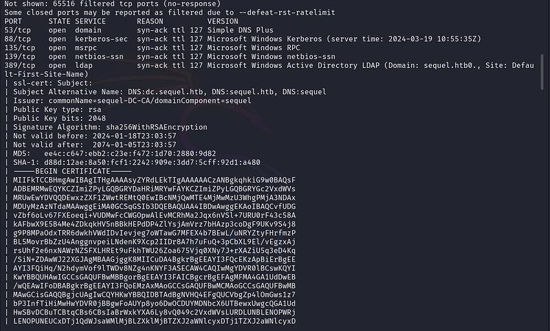 Figure 1. Full nmap scan revealing a domain controller for the sequel.htb domain.