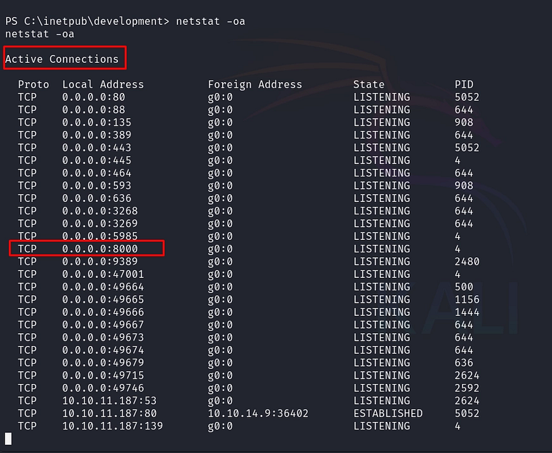 Port 8000 is listening on localhost: invisible to external Nmap.