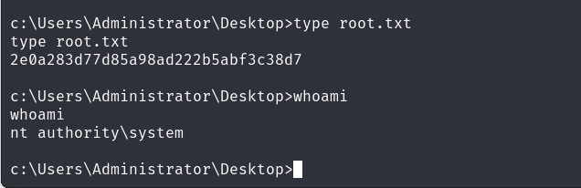 root.txt captured as NT AUTHORITY\SYSTEM.