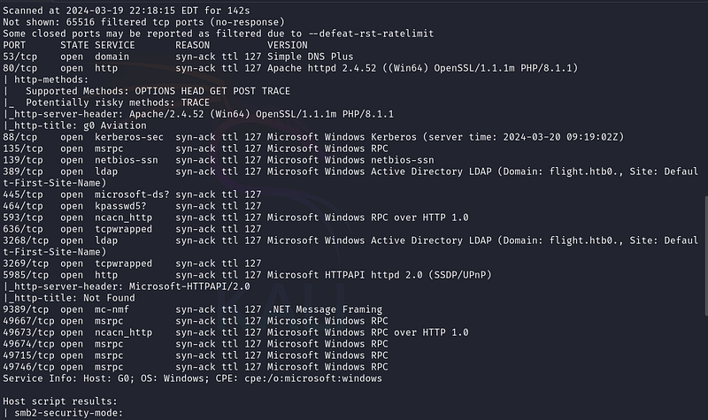 Nmap reveals a Windows DC and the flight.htb domain.