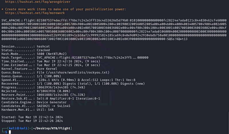 Hashcat recovers the svc_apache password.