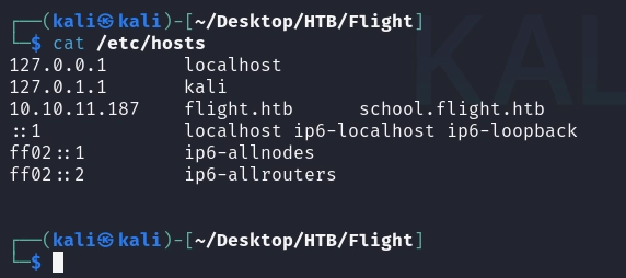 Mapping flight.htb (and later school.flight.htb) in /etc/hosts.
