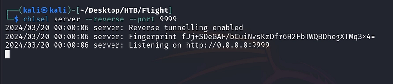 Chisel server in reverse mode on the attacker box.