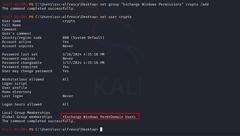 Figure 20. Adding our user to the Exchange Windows Permissions group.