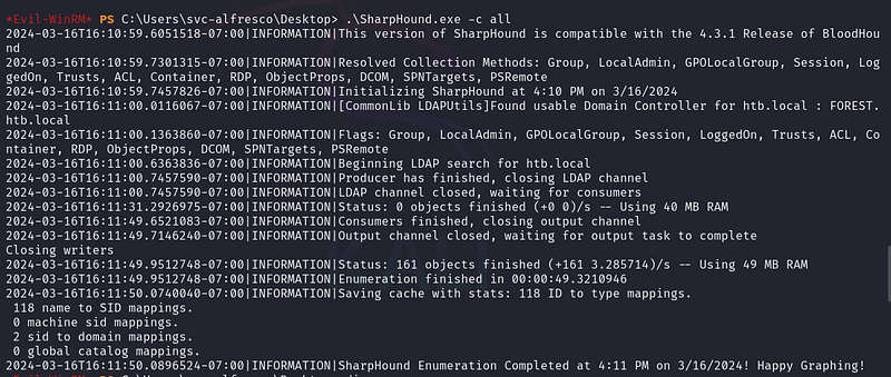 Figure 13. Running the compiled collector (SharpHound v3.4 for compatibility).