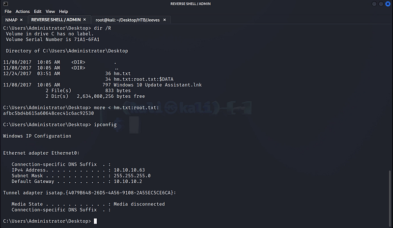 Figure 21. Using dir /R to expose the Alternate Data Stream and reading the hidden root flag.