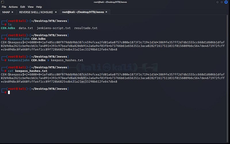 Figure 14. Extracting the KeePass master-password hash with keepass2john.