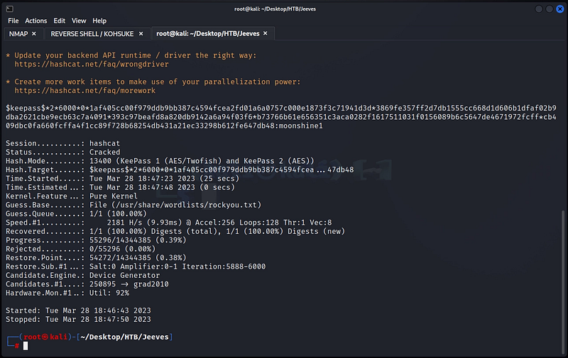 Figure 16. Hashcat successfully recovers the master password.